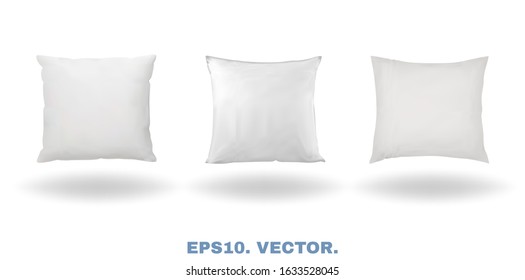 Realistic, comfort, bed square pillows with soft shadows. White blank 3d cushions, isolated on snow white background. Design template for your projects, mockups and graphics. Vector illustration kit.