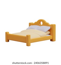 Cama cómoda y realista con colchón, ducha suave y almohadas. Gran cama para dos personas. Concepto de modelo de mobiliario moderno. Ilustración vectorial en estilo 3d con fondo blanco