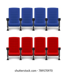 Realistic comfortable movie chairs. Cinema empty seats. Red and blue seat for cinema theater. Vector illustration