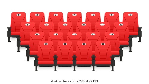 Realistic comfortable movie chairs. Movie theater with rows of red empty chairs, cinema hall seats. Movie chairs with license plates. Vector illustration