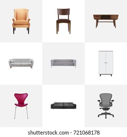 Realistic Comfortable, Wardrobe, Settee And Other Vector Elements. Set Of Decoration Realistic Symbols Also Includes Settee, Chair, Wardrobe Objects.