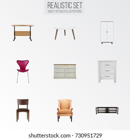 Realistic Comfortable, Wardrobe, Stool And Other Vector Elements. Set Of Furniture Realistic Symbols Also Includes Commode, Armchair, Restaurant Objects.