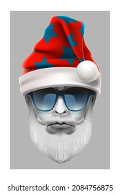 Realistic of comic avatar of trendy santa claus hipster. Stylish Santa man in sunglasses.