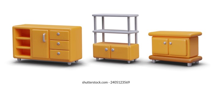 Realistic commode, bookshelf, and small shelf for different things and books. Collection with different furniture for home. Vector illustration in 3d style