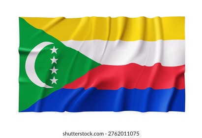 Realistic Comoros country flag isolated on a transparent background. Silk atlas detailed fabric flag. Vector PNG