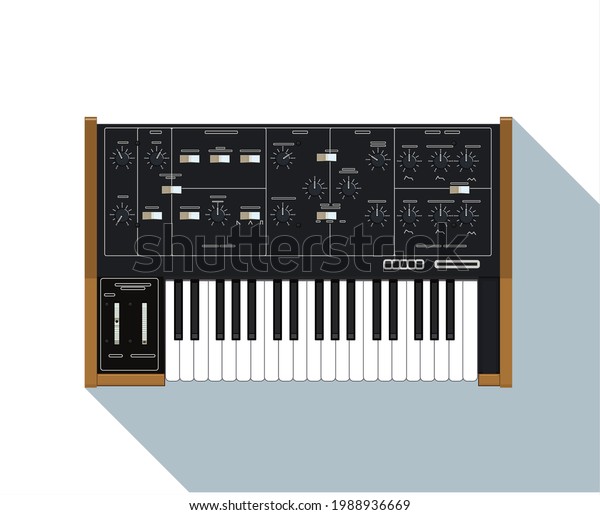 Realistic compact analog synthesizer with wood\
finish. An old electronic piano. Musical equipment. A device for\
creating sounds. Electronic music theme. Night life. Warm synth\
sound. A piece\
interior.