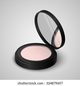 Realistic compact powder in black container with mirror. Vector illustration