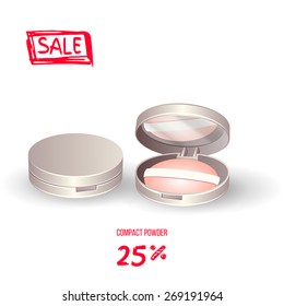 Realistic Compact Powder / Blusher With Mirror And Pink Sponge. Closed And Opened Samples Isolated On White Background. Highly Detailed Illustration For Your Design. Vector.