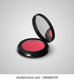 Realistic compact rouge face in black container with mirror. Vector illustration