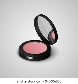 Realistic compact rouge face in black container with mirror. Vector illustration