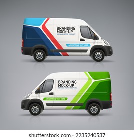 Realistisches Unternehmen Van hat sich mit dem Wrap-Design versprochen. Abstrakte Grafiken auf Unternehmensfahrzeugen. Lieferwagen des Unternehmens. Branding-Fahrzeug. Bearbeitbarer Vektor