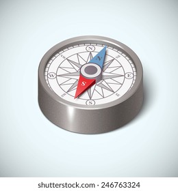 Realistic compass icon, on a white background. Silver metallic color, isometric view.  isolated vector art illustration.