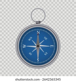 Realistic compass illustration with blue face and silver frame, perfect for navigation, travel, or adventure-themed designs