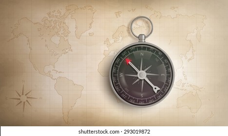 Realistic Compass On World Map, Vector EPS10 Illustration