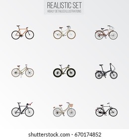 Realistic Competition Bicycle, Training Vehicle, Timbered And Other Vector Elements. Set Of Bicycle Realistic Symbols Also Includes Bike, Wooden, Velocipede Objects.