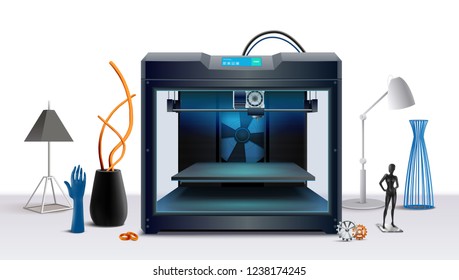 Realistic composition with 3d printer and various printed objects vector illustration