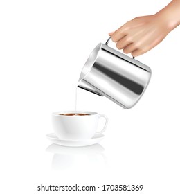 Realistic composition with barista hand pouring milk into cup of coffee vector illustration