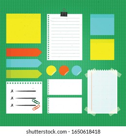 Realistic composition of colorful blank sheets and pieces of paper with notes and tape