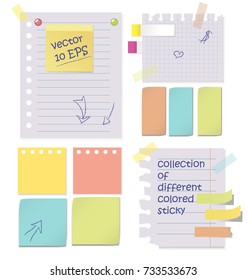 Realistic composition of colorful blank sheets and pieces of paper with notes and tape on grey background vector illustration