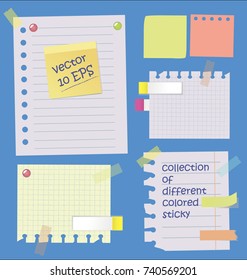 Realistic composition of colorful blank sheets and pieces of paper with notes and tape on blue background vector illustration