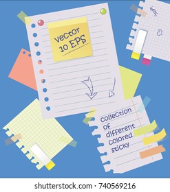 Realistic composition of colorful blank sheets and pieces of paper with notes and tape on blue background vector illustration
