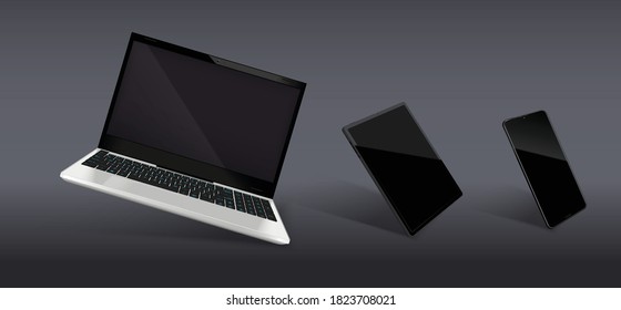 Realistic composition consist of modern models of laptop and smartphone with black glossy screens vector illustration