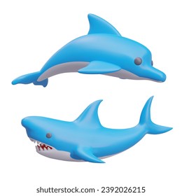 Realistic composition with cute blue dolphin and shark. Colorful toy, ocean underwater fish. Vector illustration in realistic 3d style with white background