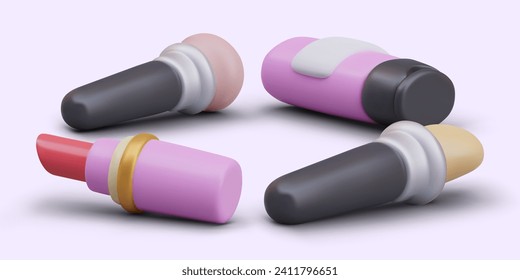 Realistic composition with different brushes for powder or eyeshadows. Plastic bottle with face cream and red lipstick in pink case. Vector illustration in 3d style with pink background