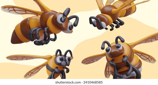 Realistic composition with different flying hornets and wasp on yellow background. Dangerous bug searching for flower. Vector illustration in 3d style