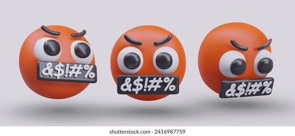 Realistic composition with different red emoji with angry, mad reactions in different positions. Sad grumpy emoticon on gray background. Vector illustration in 3d style