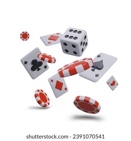 Realistic composition with flying red chips, flying playing cards, and game cube. Concept of playing casino online. Vector illustration in 3D style with place for text