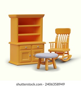 Realistic composition with furniture for living room. Big wardrobe, rocking chair, and white tea table on white background. Vector illustration in 3d style