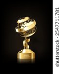 Realistic composition of the golden trophy in the form of a globe and a film around it, with text. Vector illustration.