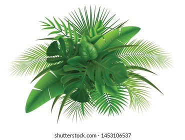 Realistic composition with green leaves of different tropical plants on white background vector illustration