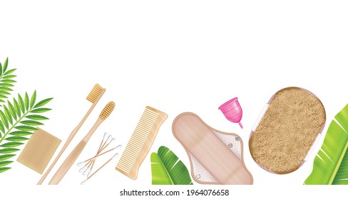 Realistic composition with green leaves and zero waste eco products for personal hygiene on white background vector illustration
