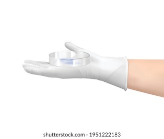 Realistic composition with hand in protective glove holding glass plate vector illustration
