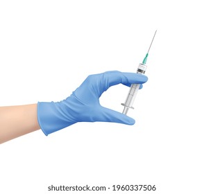 Realistic composition with hand in protective glove holding syringe with vaccine vector illustration