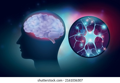 Realistic composition with human brain head profile and glowing neurons vector illustration