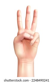 Realistic composition with human hand counting gesture isolated on blank background vector illustration