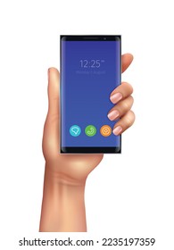Realistic composition with human hands holding modern touchscreen gadget on blank background vector illustration