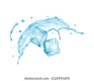 Composición realista con imágenes de salpicadura de agua con cubos de hielo en la ilustración vectorial de fondo en blanco