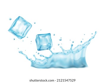 Composición realista con imágenes de salpicadura de agua con cubos de hielo en la ilustración vectorial de fondo en blanco