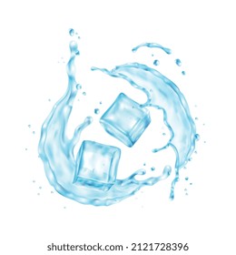 Composición realista con imágenes de salpicadura de agua con cubos de hielo en la ilustración vectorial de fondo en blanco