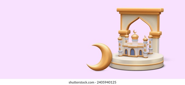 Realistic composition with mosque for prayers, traditional rituals in Islam, realistic crescent and arch. Vector illustration in 3d style with purple background