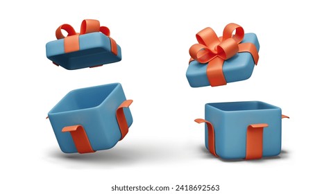 Realistic composition with open gift box in blue color with red bow in different positions