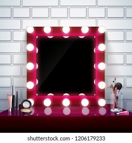 Realistic composition with pink makeup mirror cosmetics and brushes on table vector illustration