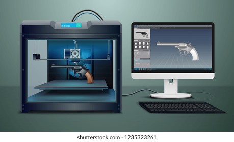 Realistic composition with pistol 3d printing process vector illustration