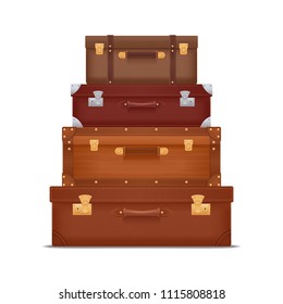 Realistic composition representing stack of vintage suitcases and trunks with locks and metal corners vector illustration 