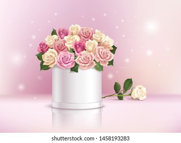 Realistic composition with romantic bunch of colorful roses in box vector illustration