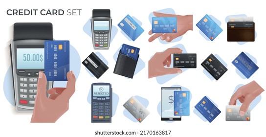Composición realista con tarjetas de crédito o débito y terminales de pago aislados en ilustraciones vectoriales de fondo blanco